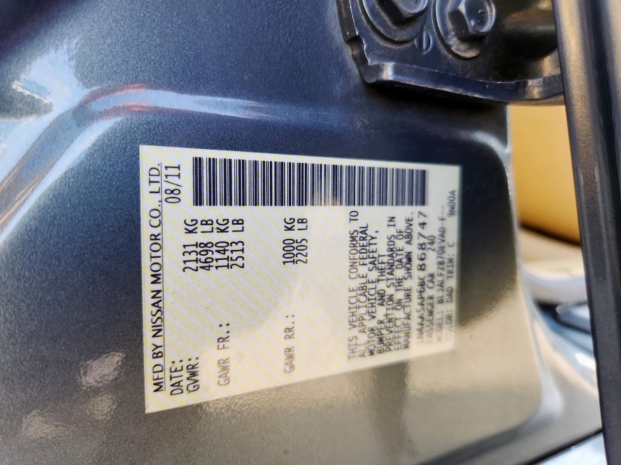 2011 Nissan Maxima S VIN: 1N4AA5AP6BC868747 Lot: 92876835