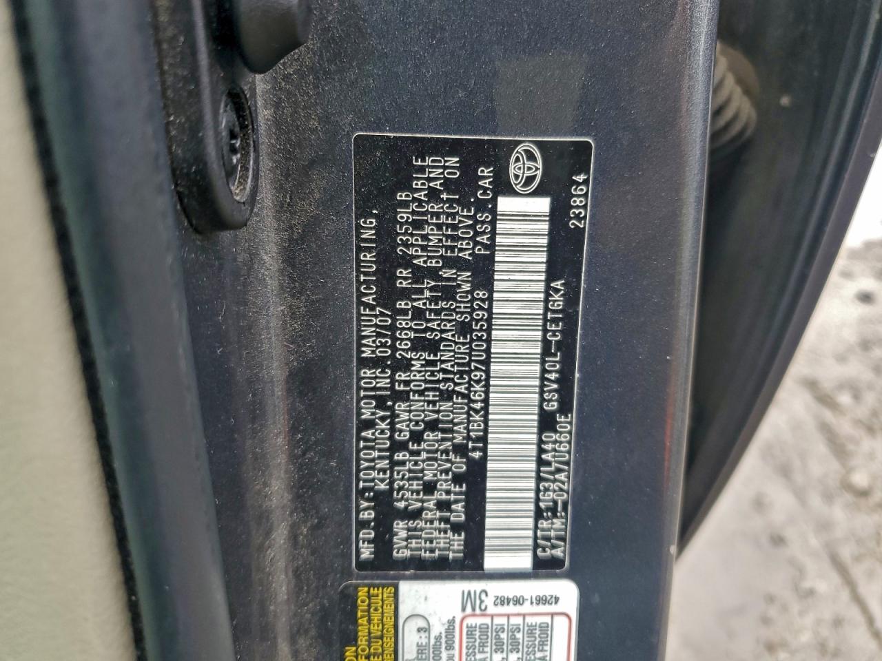 2007 Toyota Camry Le VIN: 4T1BK46K97U035928 Lot: 94032675