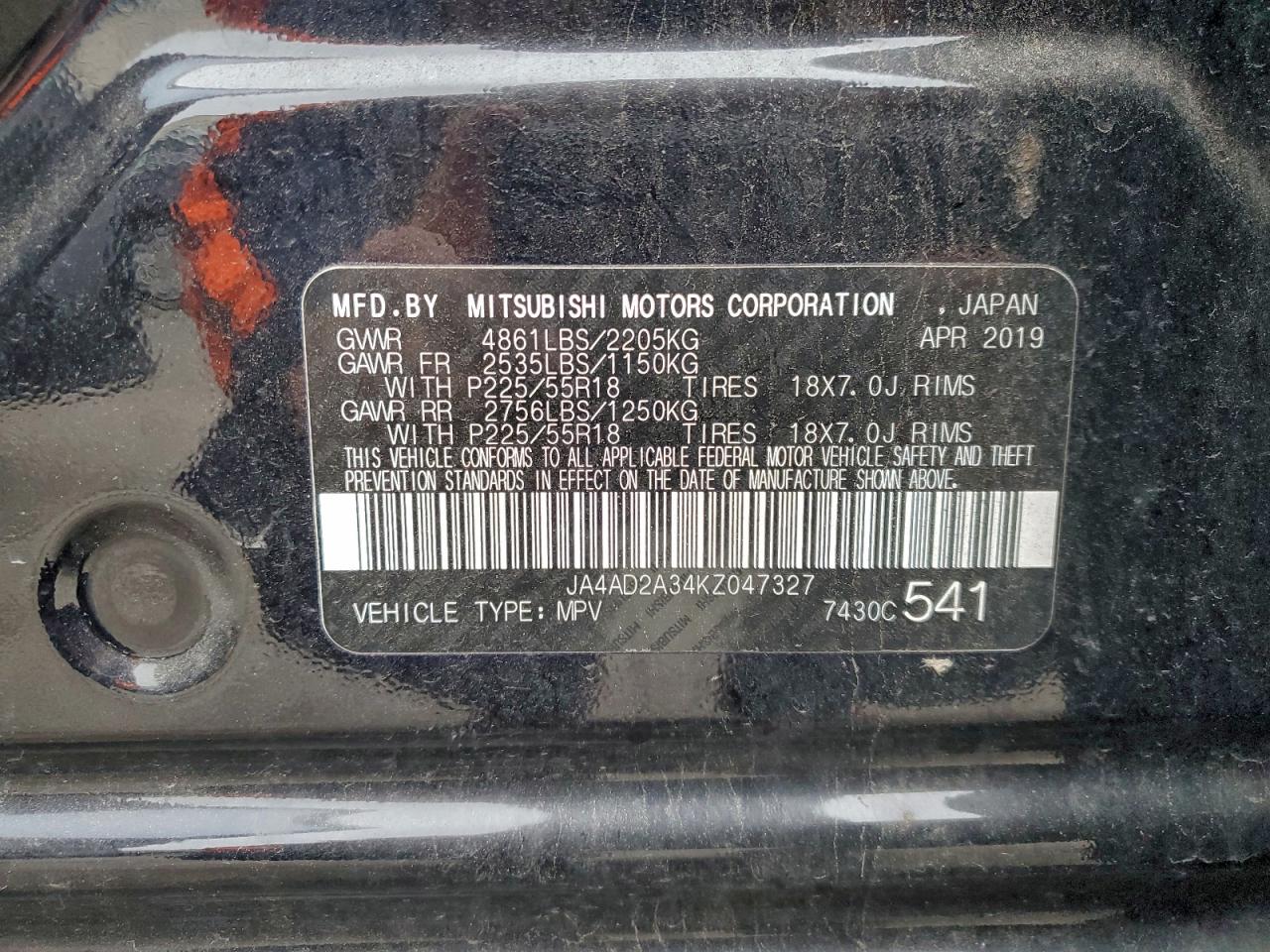 2019 Mitsubishi Outlander Es VIN: JA4AD2A34KZ047327 Lot: 93247975