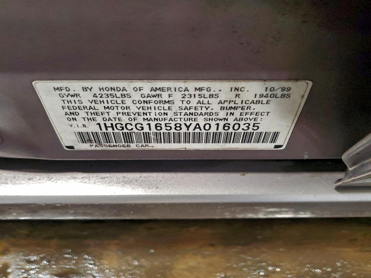 2000 Honda Accord Ex VIN: 1HGCG1658YA016035 Lot: 94219285