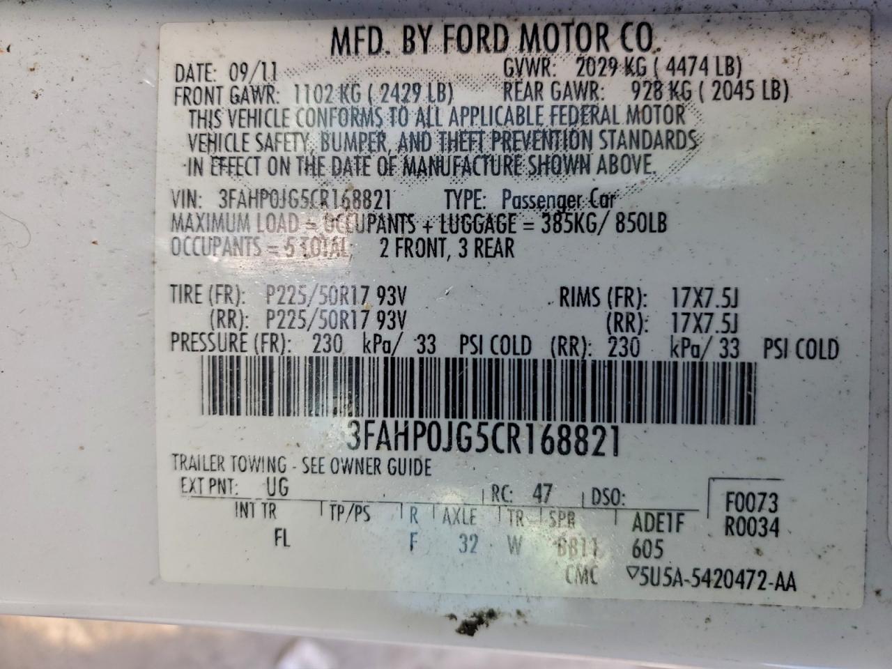 2012 Ford Fusion Sel VIN: 3FAHP0JG5CR168821 Lot: 94563585