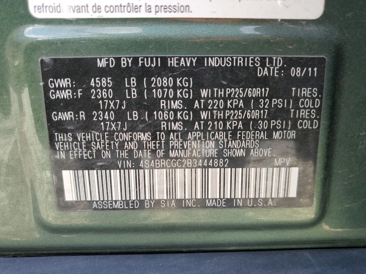 2011 Subaru Outback 2.5I Premium VIN: 4S4BRCGC2B3444882 Lot: 93558325