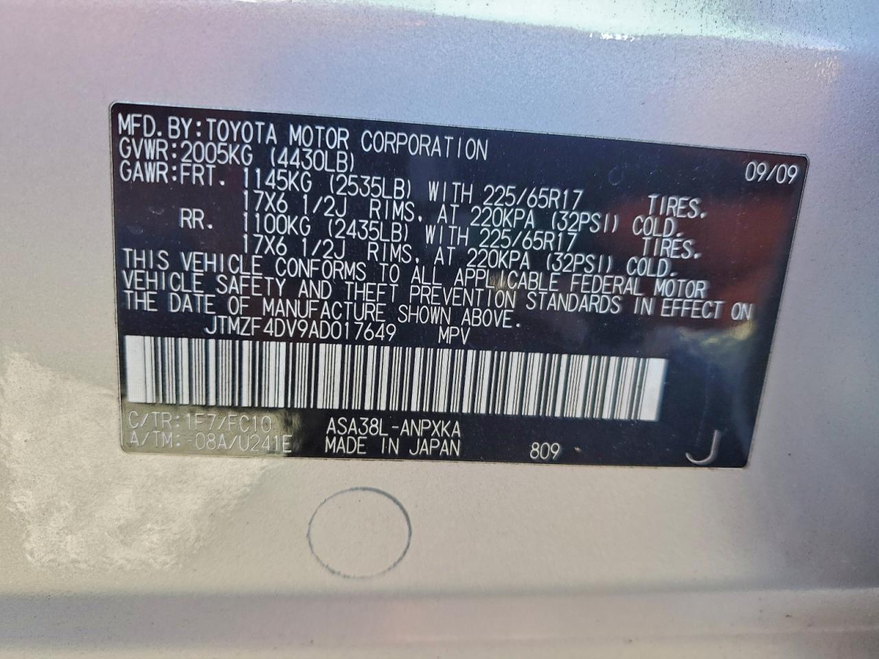 2010 Toyota Rav4 VIN: JTMZF4DV9AD017649 Lot: 94377385