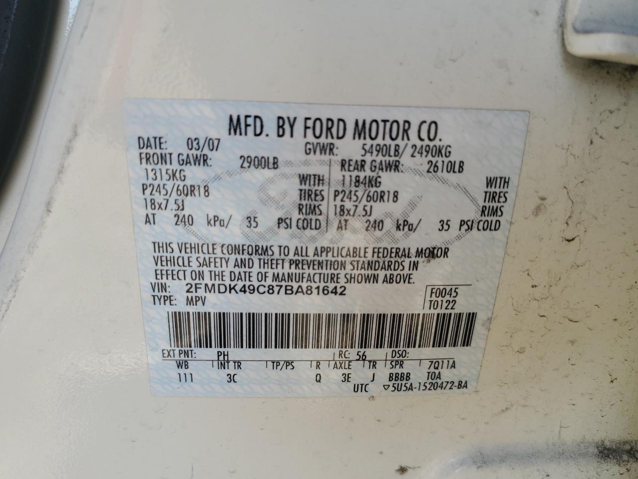 2007 Ford Edge Sel Plus VIN: 2FMDK49C87BA81642 Lot: 91870675