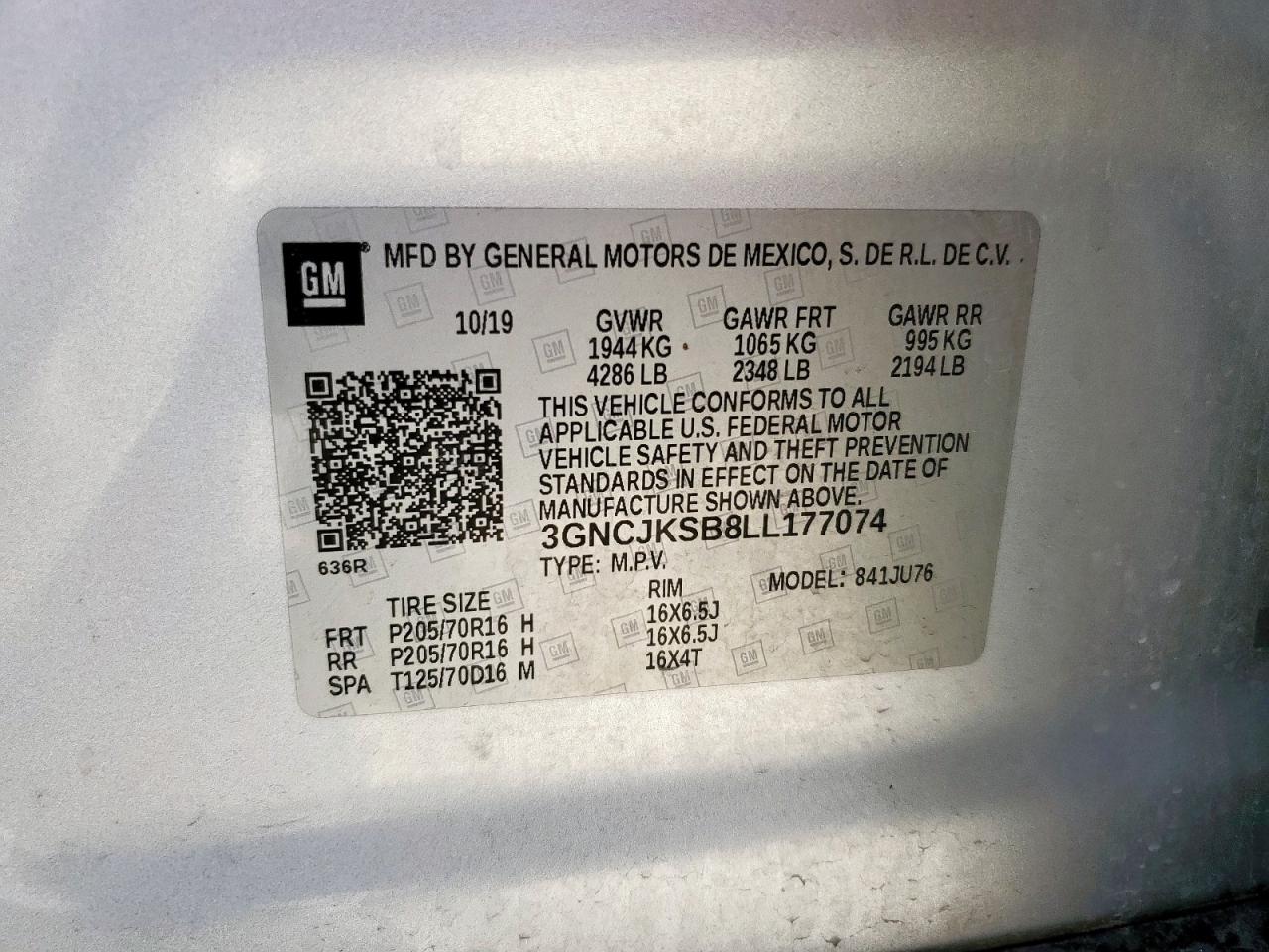 2020 Chevrolet Trax Ls VIN: 3GNCJKSB8LL177074 Lot: 92507205