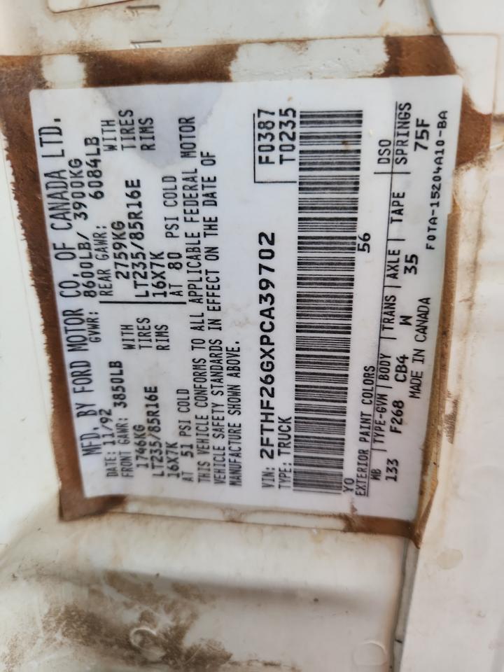 1993 Ford F250 VIN: 2FTHF26GXPCA39702 Lot: 93033545