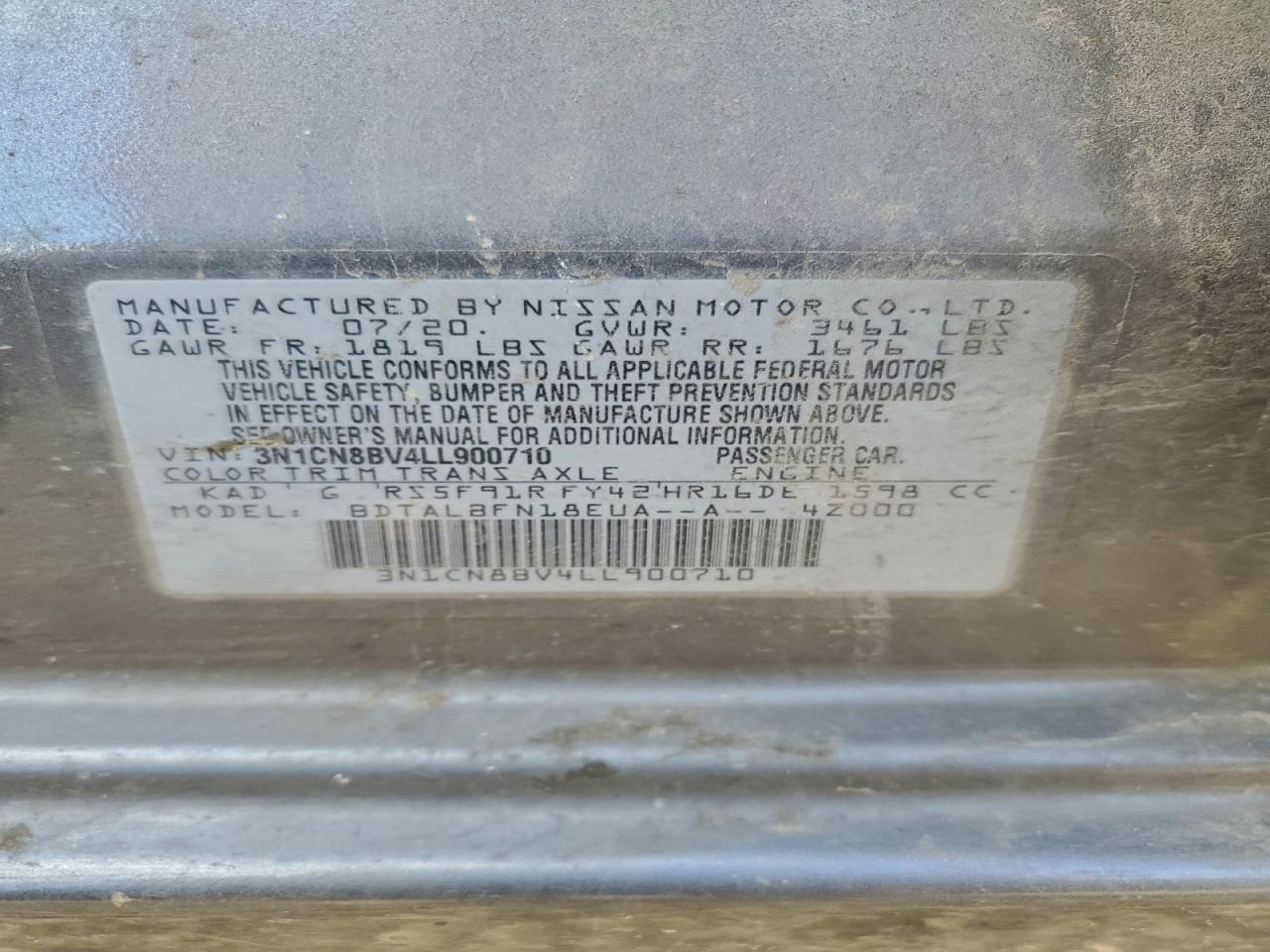 2020 Nissan Versa S VIN: 3N1CN8BV4LL900710 Lot: 94099705