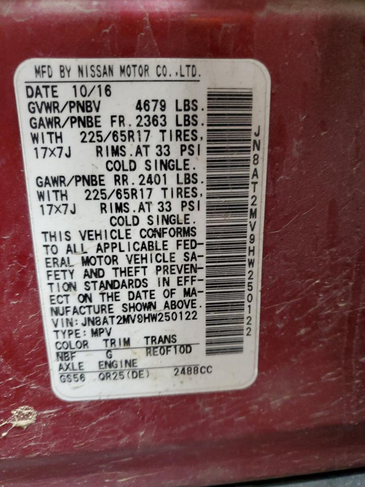 2017 Nissan Rogue S VIN: JN8AT2MV9HW250122 Lot: 92392415