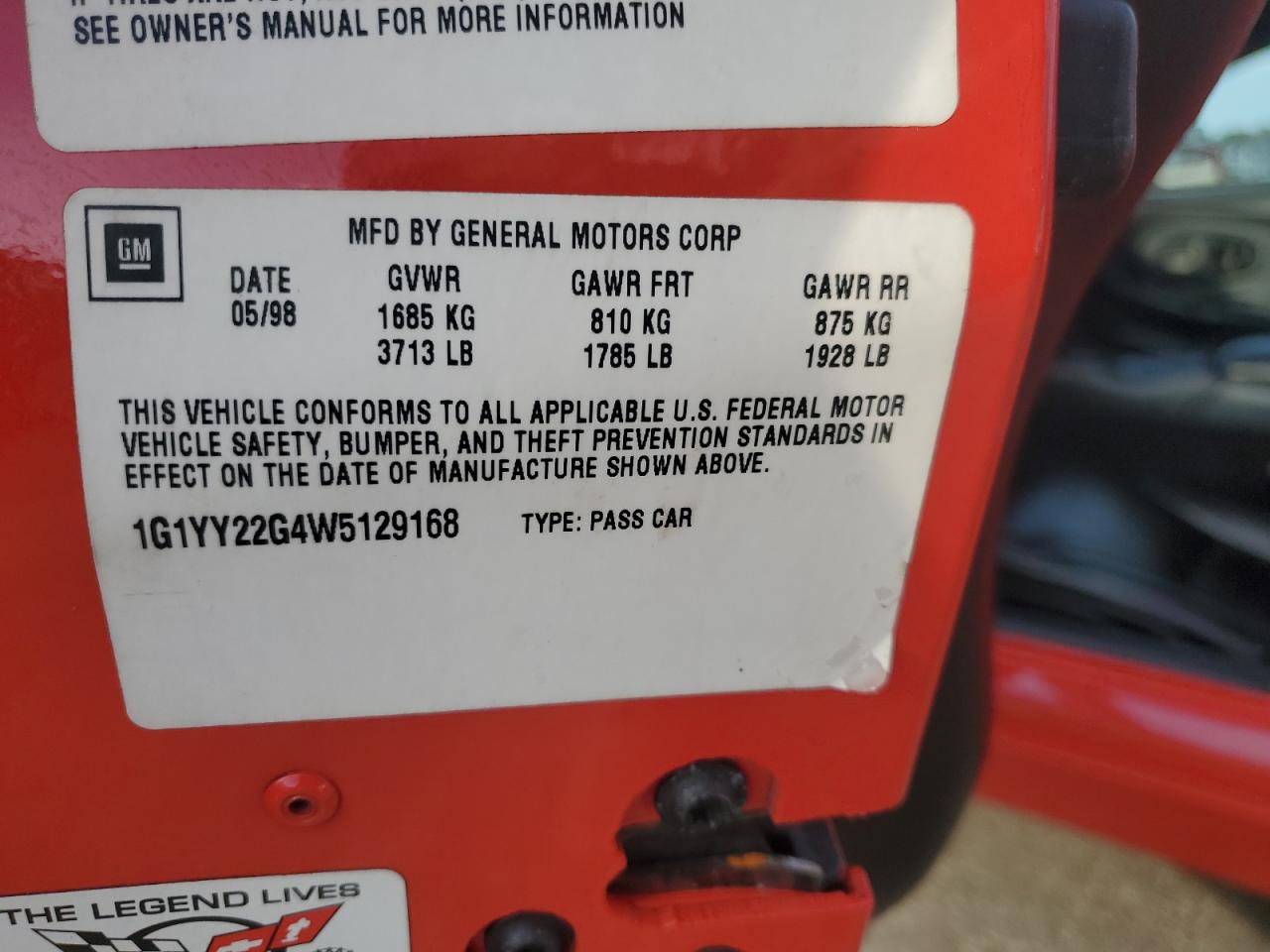 1998 Chevrolet Corvette VIN: 1G1YY22G4W5129168 Lot: 93212765