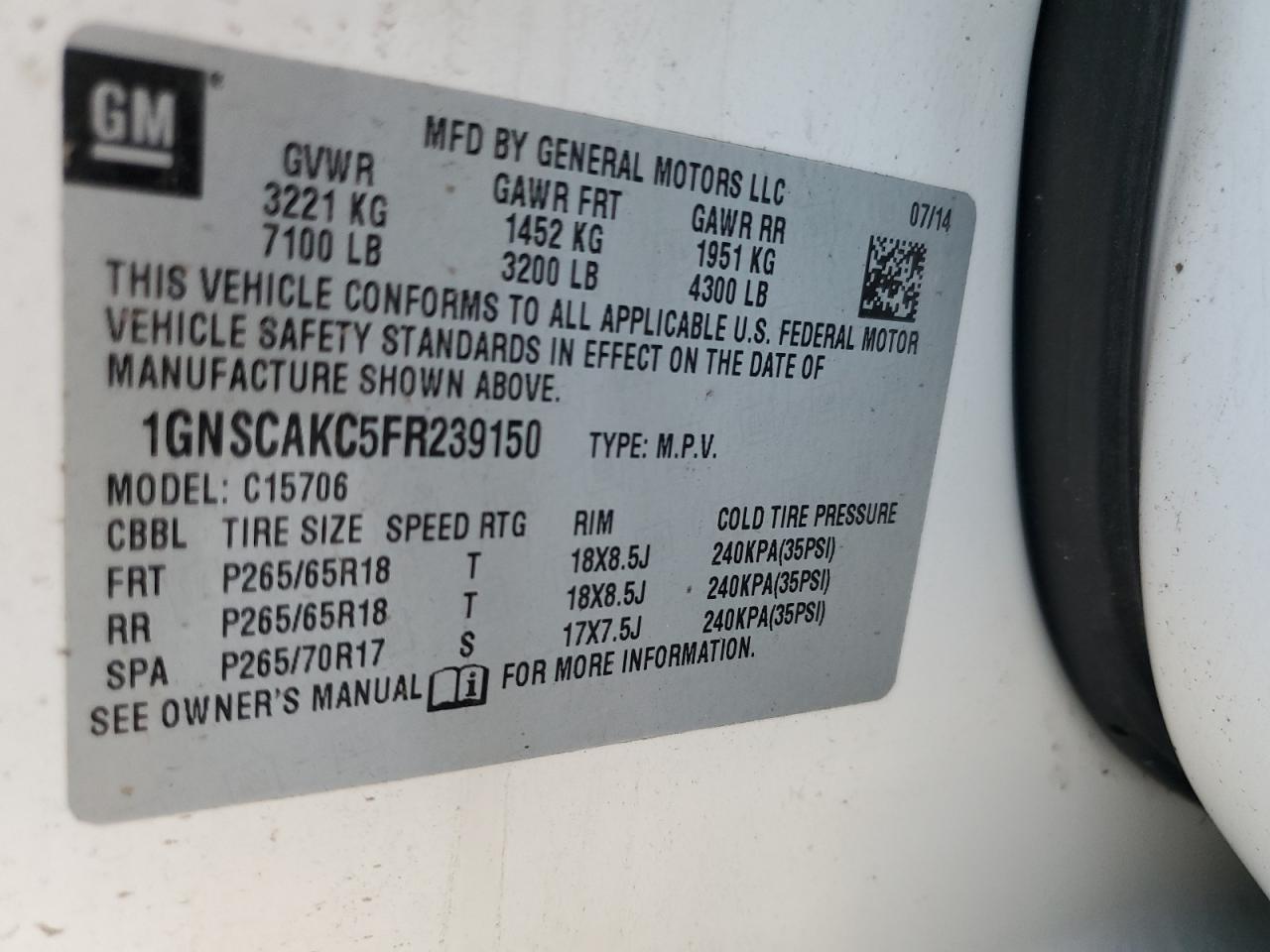 2015 Chevrolet Tahoe C1500 Ls VIN: 1GNSCAKC5FR239150 Lot: 92330165