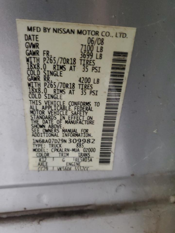 2009 Nissan Titan Xe VIN: 1N6BA07D29N309982 Lot: 92230685