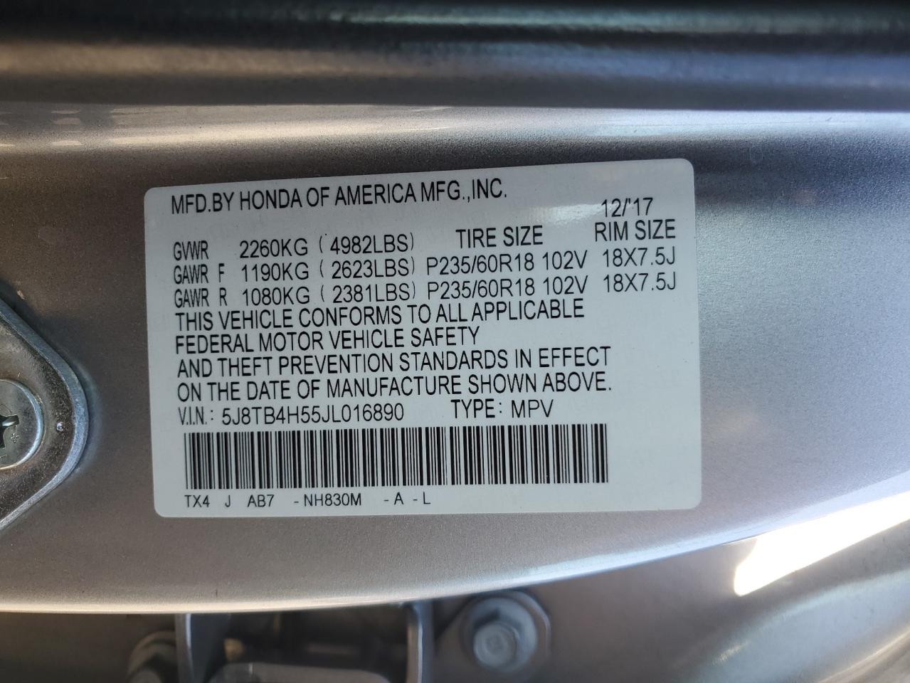 2018 Acura Rdx Technology VIN: 5J8TB4H55JL016890 Lot: 91294935