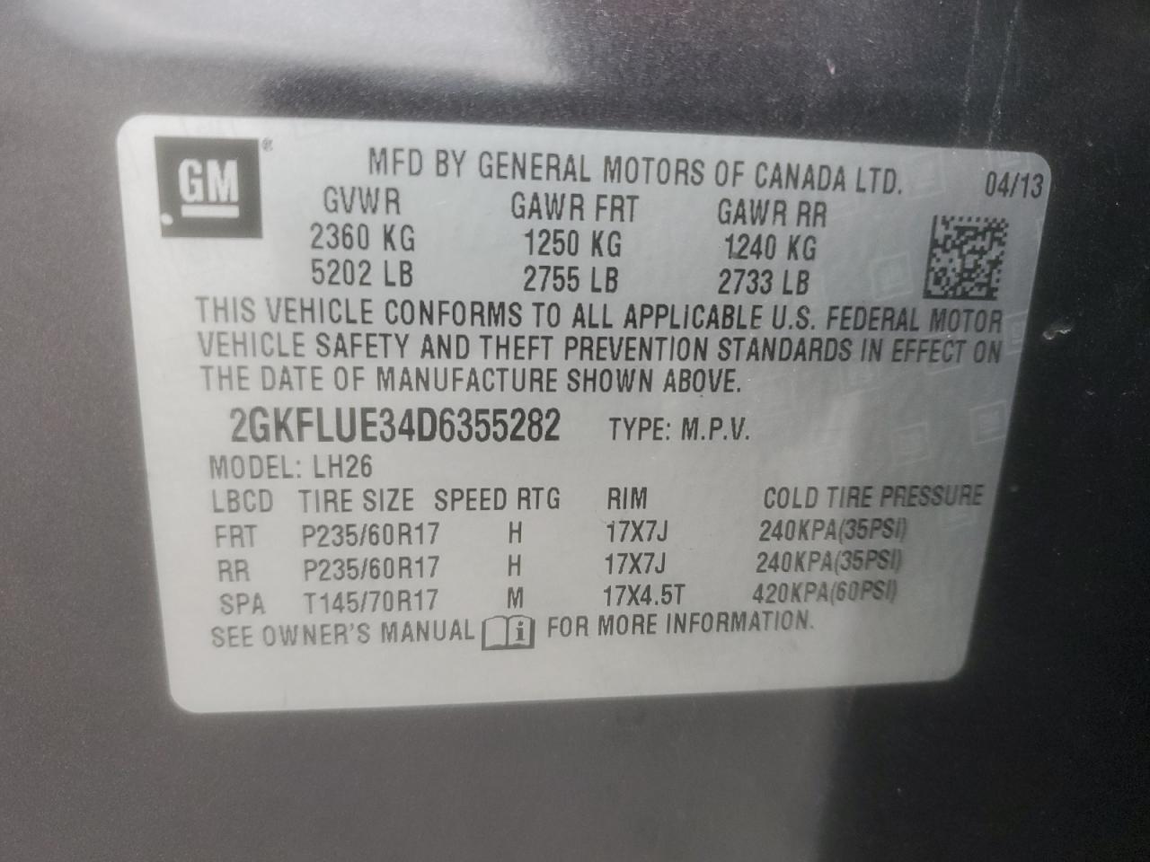 2013 GMC Terrain Slt VIN: 2GKFLUE34D6355282 Lot: 92412915