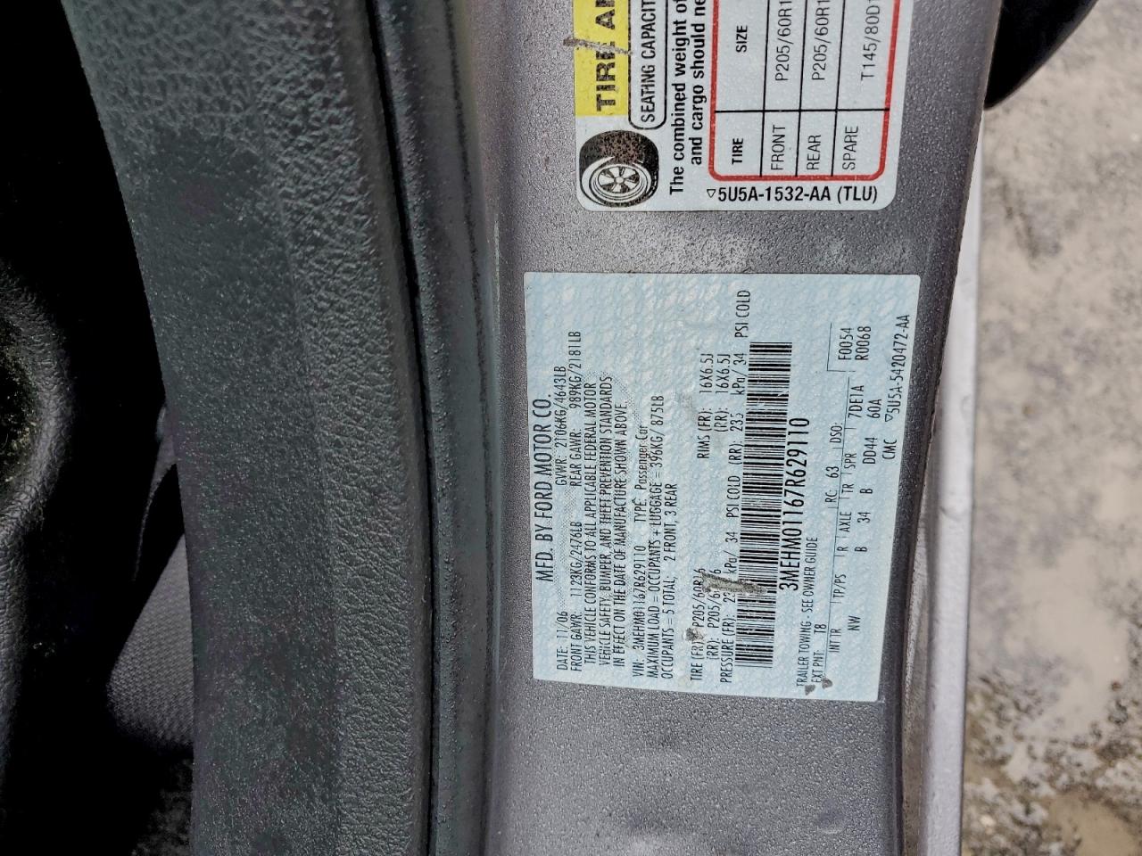 2007 Mercury Milan VIN: 3MEHM01167R629110 Lot: 94352675