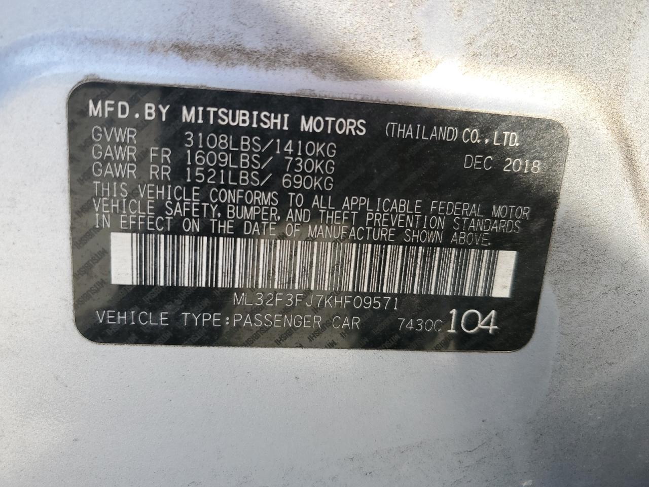 2019 Mitsubishi Mirage G4 Es VIN: ML32F3FJ7KHF09571 Lot: 90481295