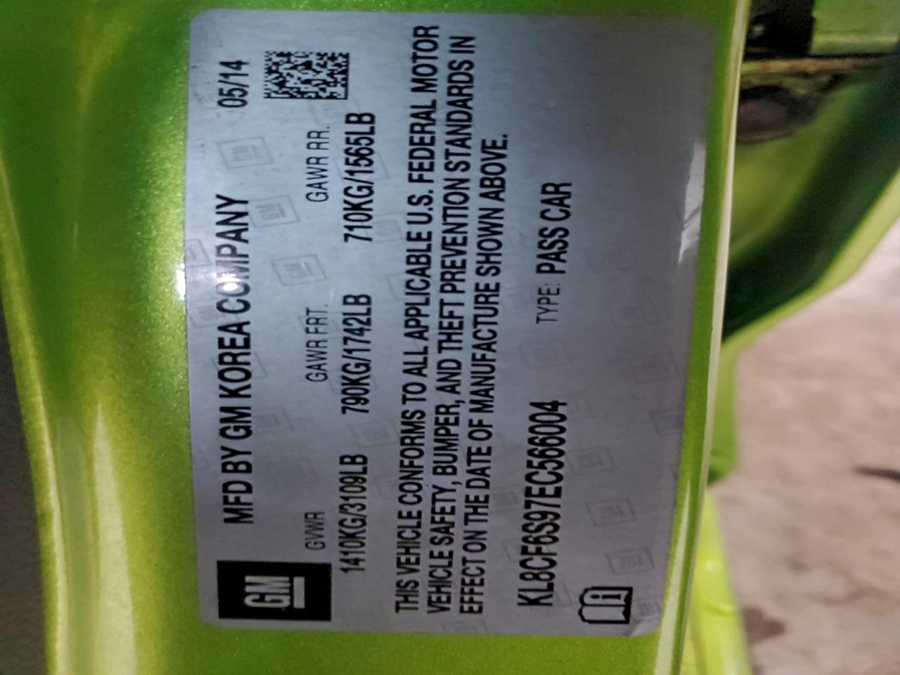 2014 Chevrolet Spark 2Lt VIN: KL8CF6S97EC566004 Lot: 93467235