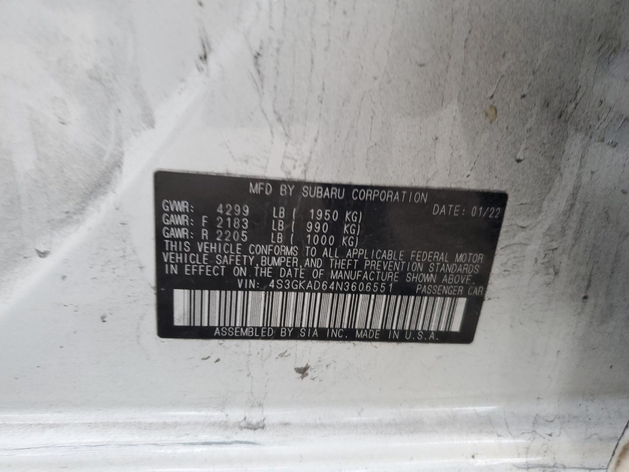 2022 Subaru Impreza Premium VIN: 4S3GKAD64N3606551 Lot: 92101765