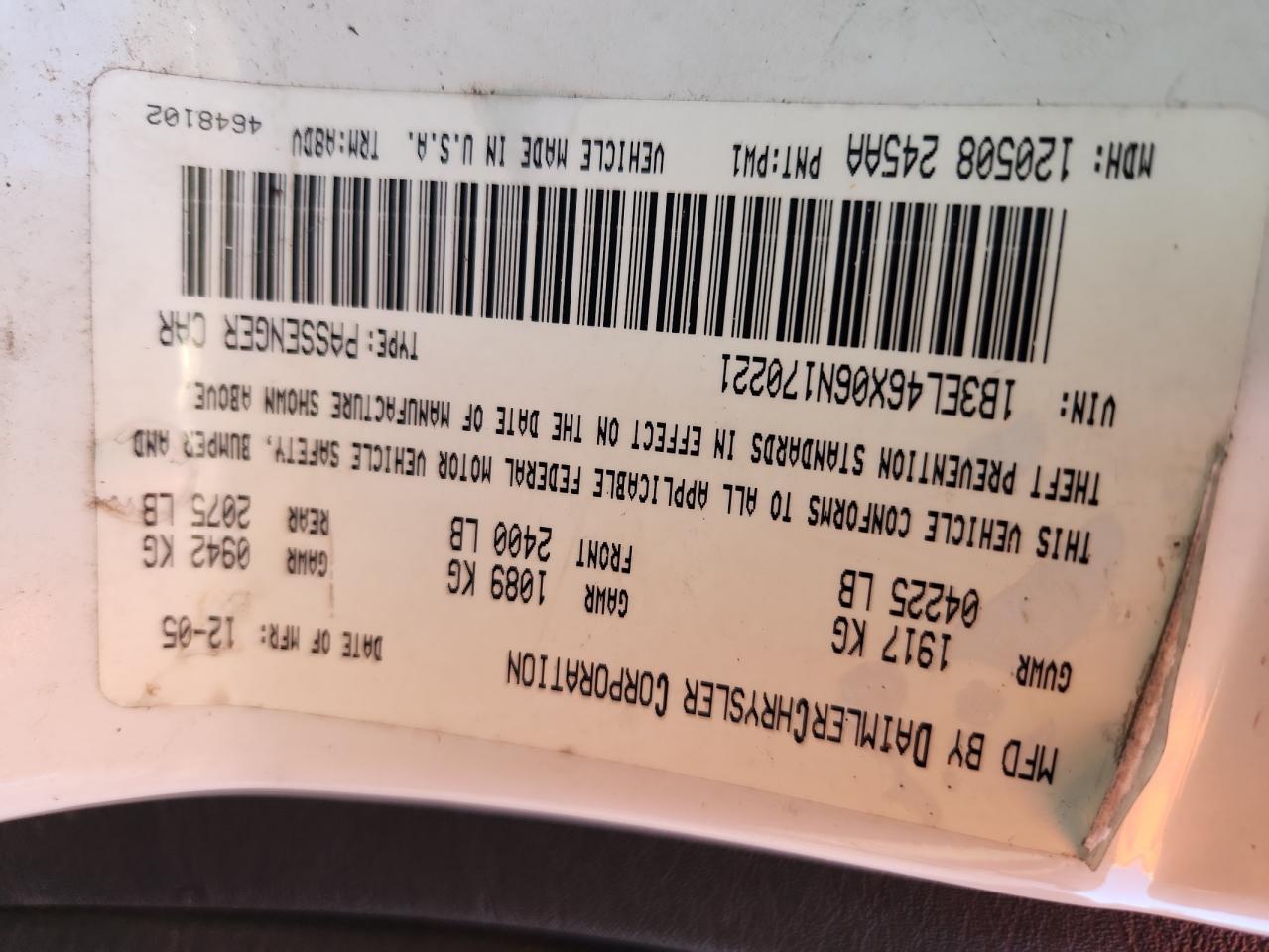 2006 Dodge Stratus Sxt VIN: 1B3EL46X06N170221 Lot: 90808135