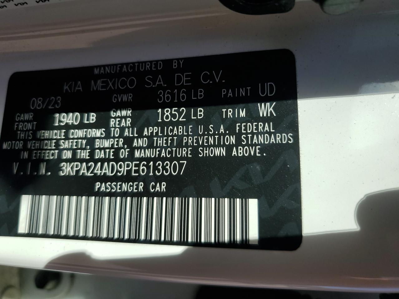 2023 Kia Rio Lx VIN: 3KPA24AD9PE613307 Lot: 90702535