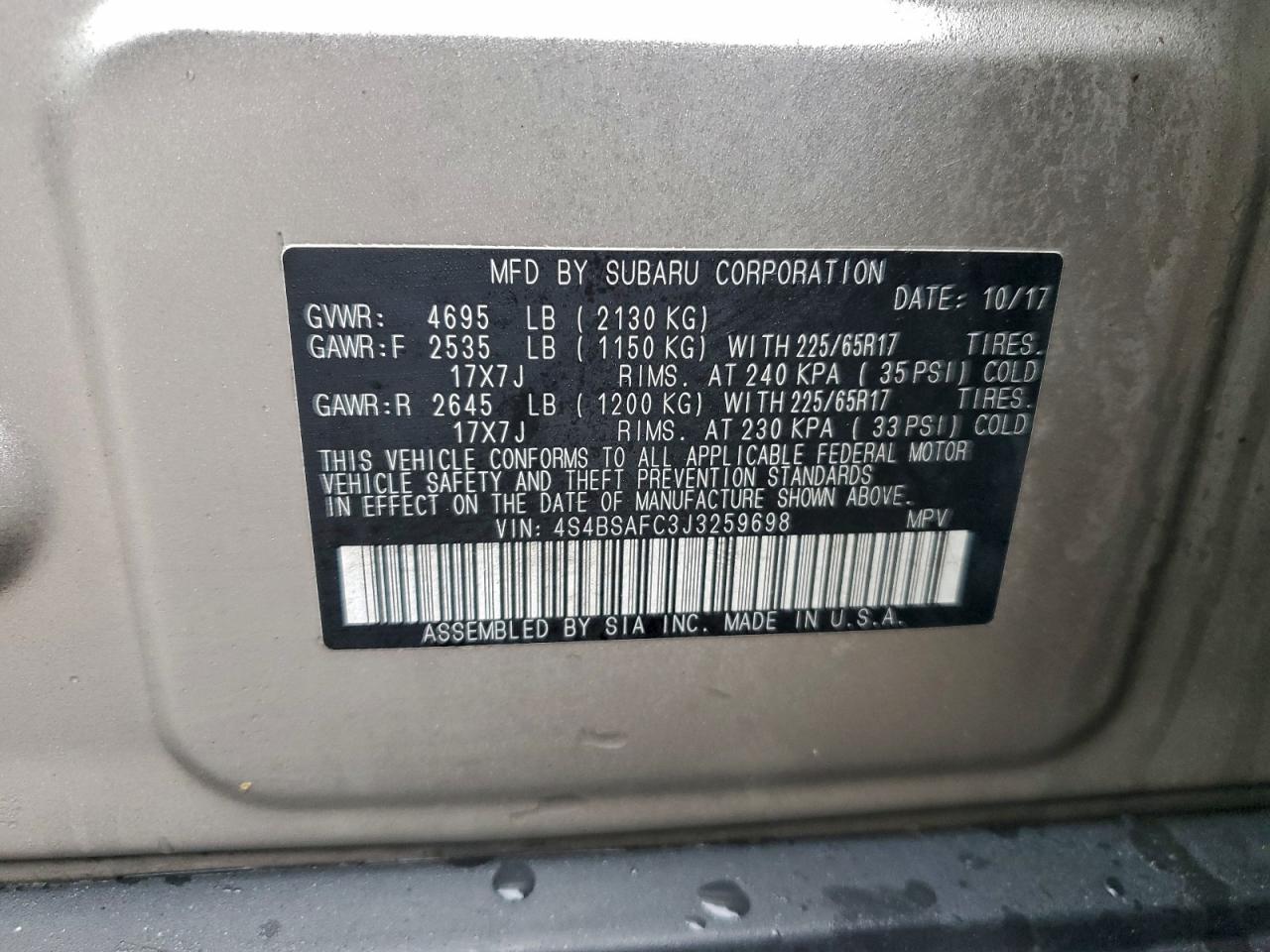 2018 Subaru Outback 2.5I Premium VIN: 4S4BSAFC3J3259698 Lot: 94650945