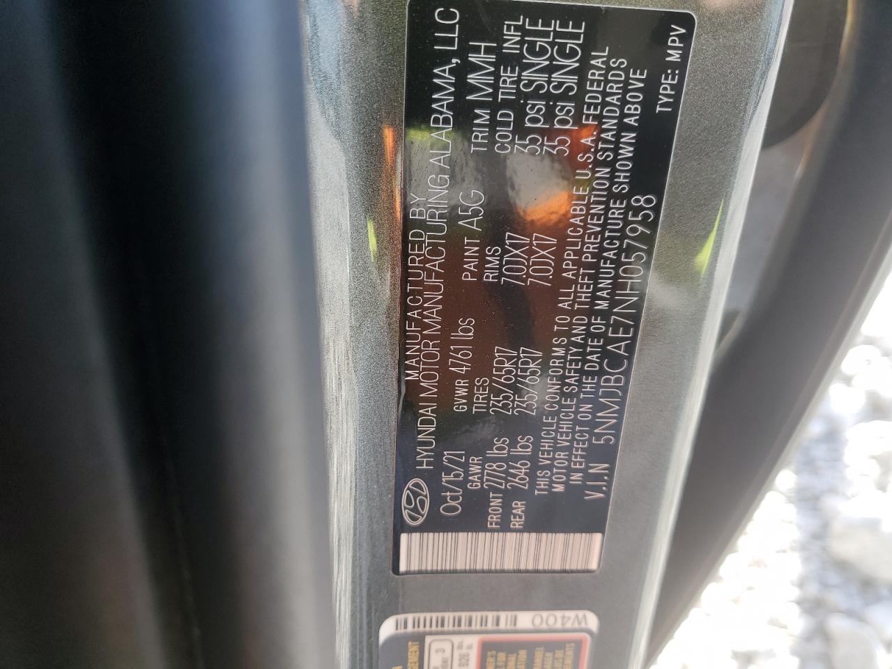 2022 Hyundai Tucson Sel VIN: 5NMJBCAE7NH057958 Lot: 92576095