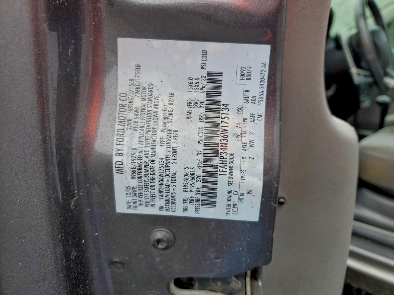 2006 Ford Focus Zx4 VIN: 1FAHP34N36W175134 Lot: 94528685