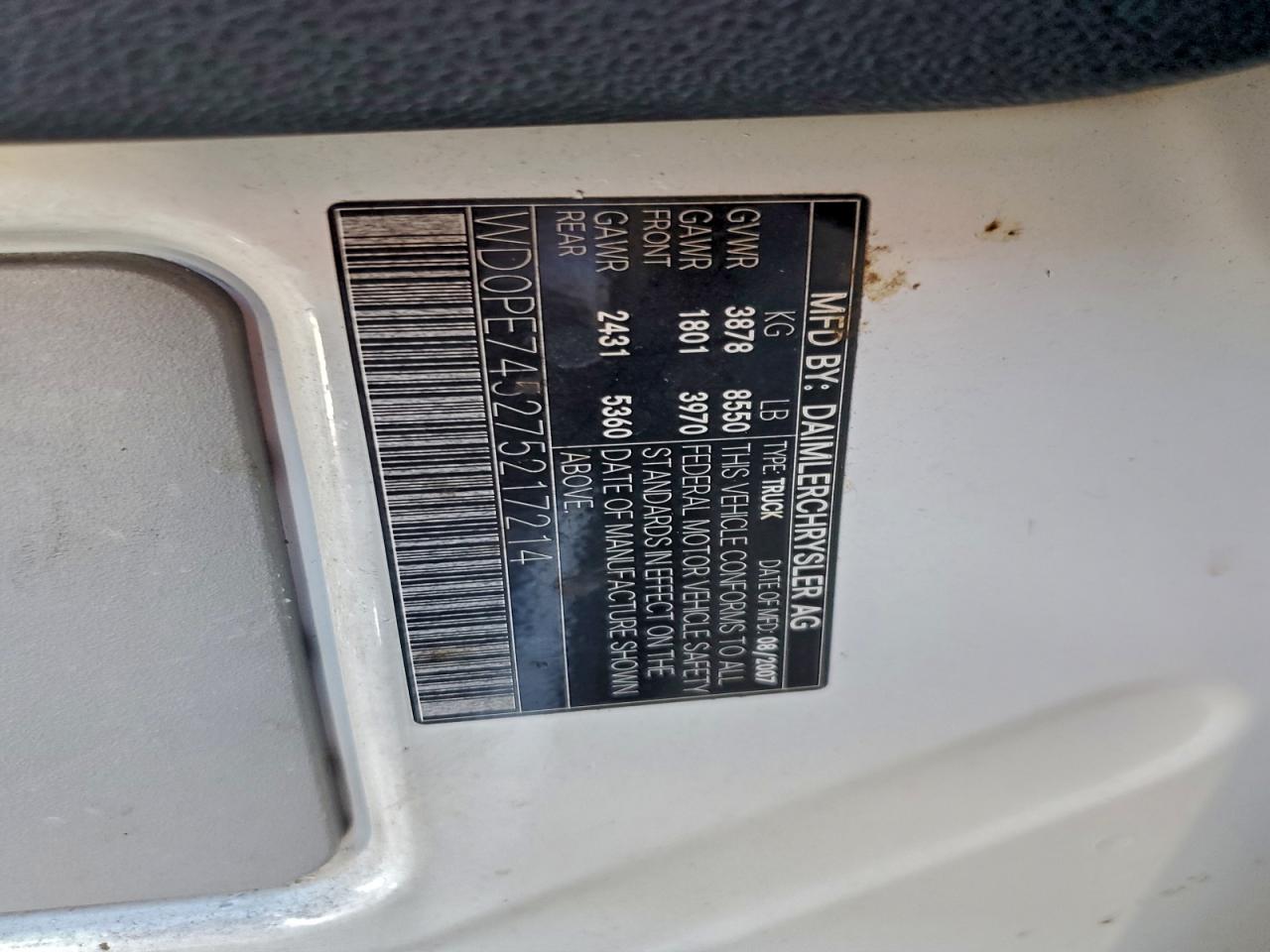 2007 Dodge Sprinter 2500 VIN: WD0PE745275217214 Lot: 90926265