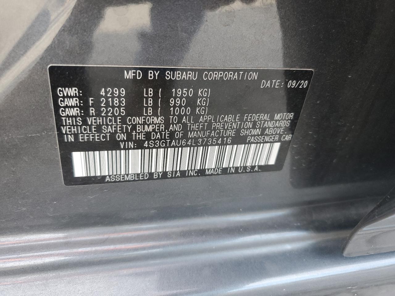 2020 Subaru Impreza Limited VIN: 4S3GTAU64L3735416 Lot: 92651665