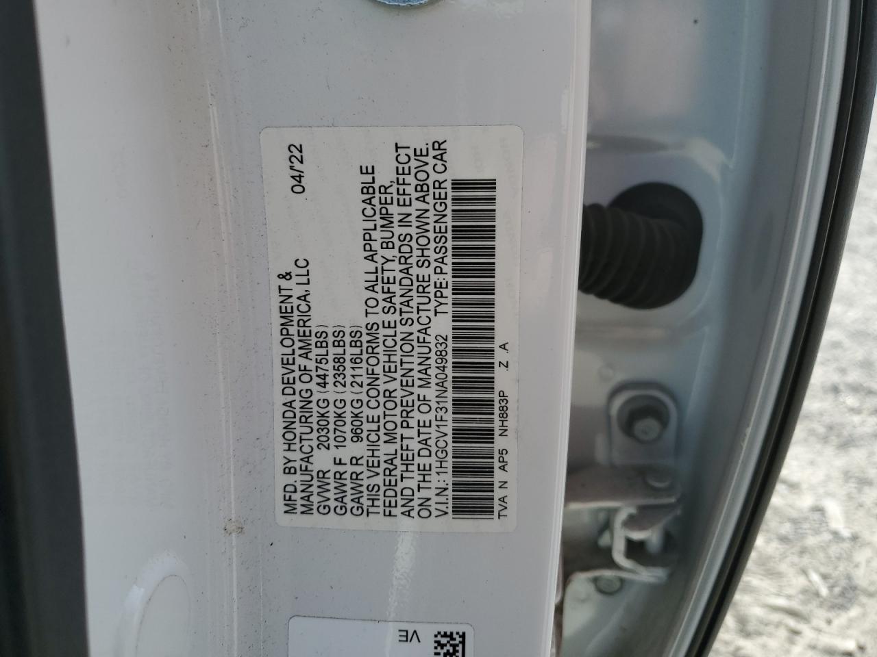 2022 Honda Accord Sport VIN: 1HGCV1F31NA049832 Lot: 93039485