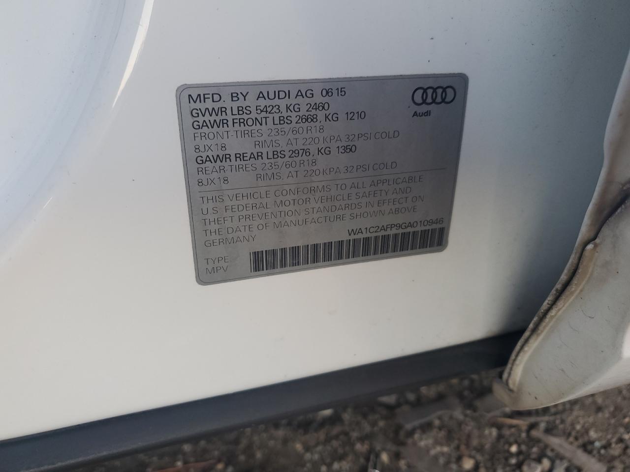 2016 Audi Q5 Premium VIN: WA1C2AFP9GA010946 Lot: 90887915