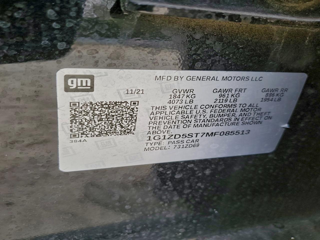 2021 Chevrolet Malibu Lt VIN: 1G1ZD5ST7MF085513 Lot: 94076975