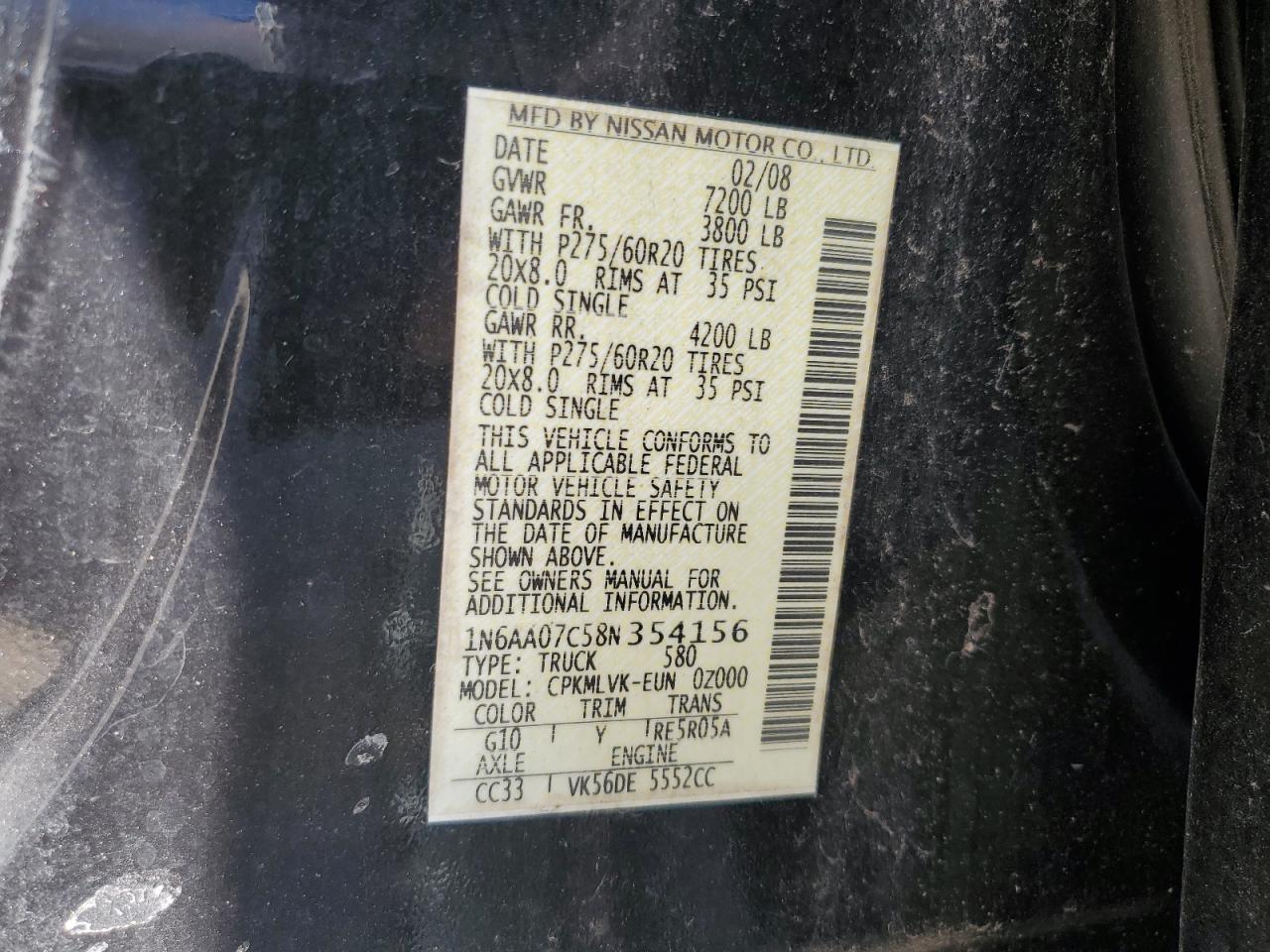 2008 Nissan Titan Xe VIN: 1N6AA07C58N354156 Lot: 92552785