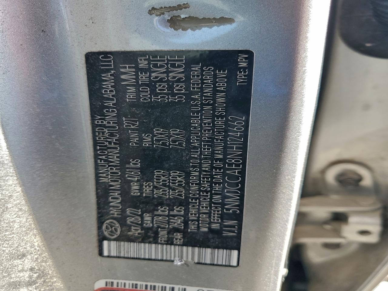 2022 Hyundai Tucson Sel VIN: 5NMJCCAE8NH124662 Lot: 93282025