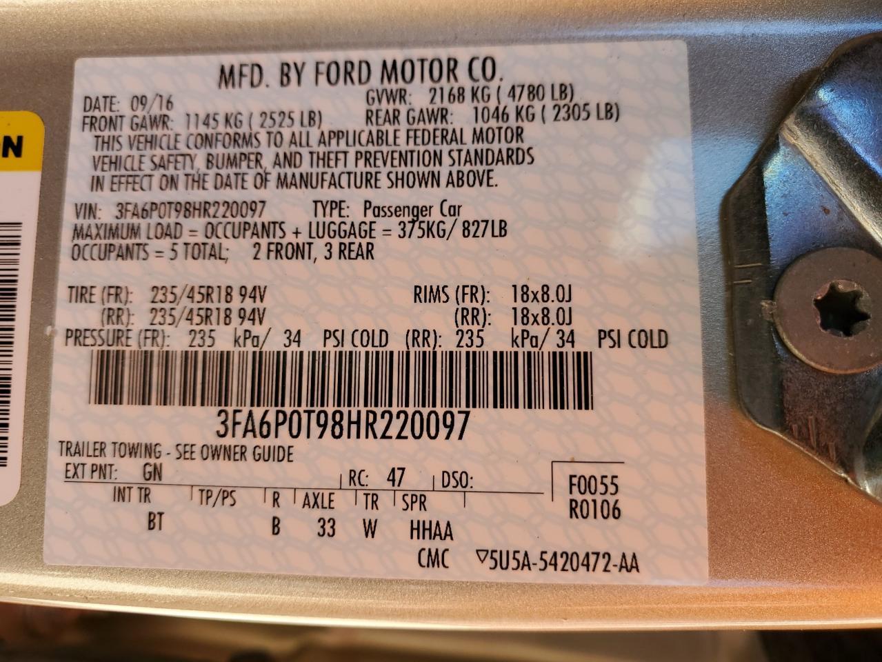 2017 Ford Fusion Se VIN: 3FA6P0T98HR220097 Lot: 92098755