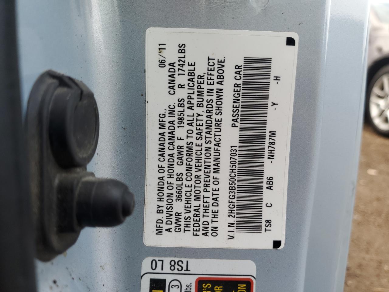 2012 Honda Civic Lx VIN: 2HGFG3B50CH507031 Lot: 92794855