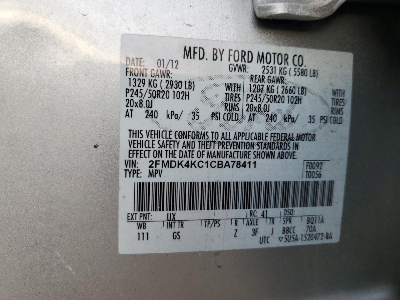 2012 Ford Edge Limited VIN: 2FMDK4KC1CBA78411 Lot: 93122745