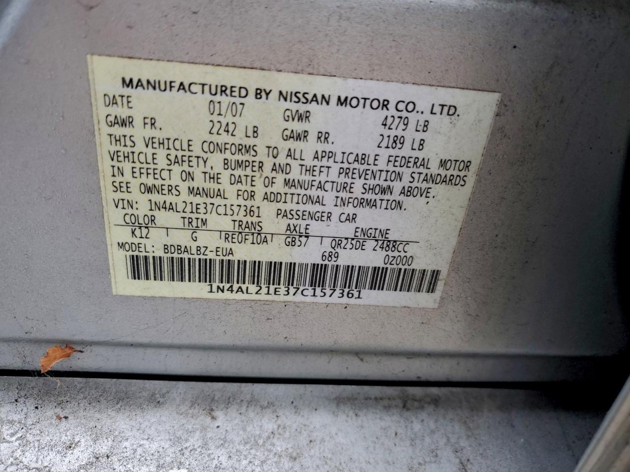 2007 Nissan Altima 2.5 VIN: 1N4AL21E37C157361 Lot: 93872795