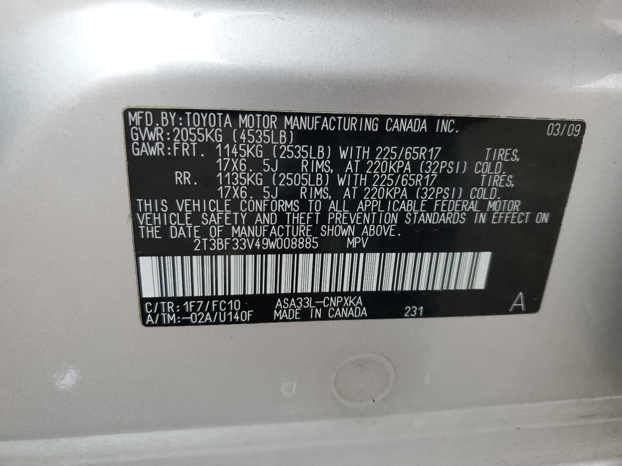 2009 Toyota Rav4 VIN: 2T3BF33V49W008885 Lot: 92705095