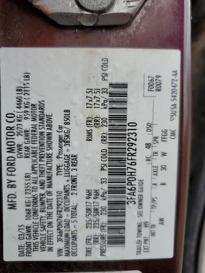 2015 Ford Fusion Se VIN: 3FA6P0H76FR292310 Lot: 93350195