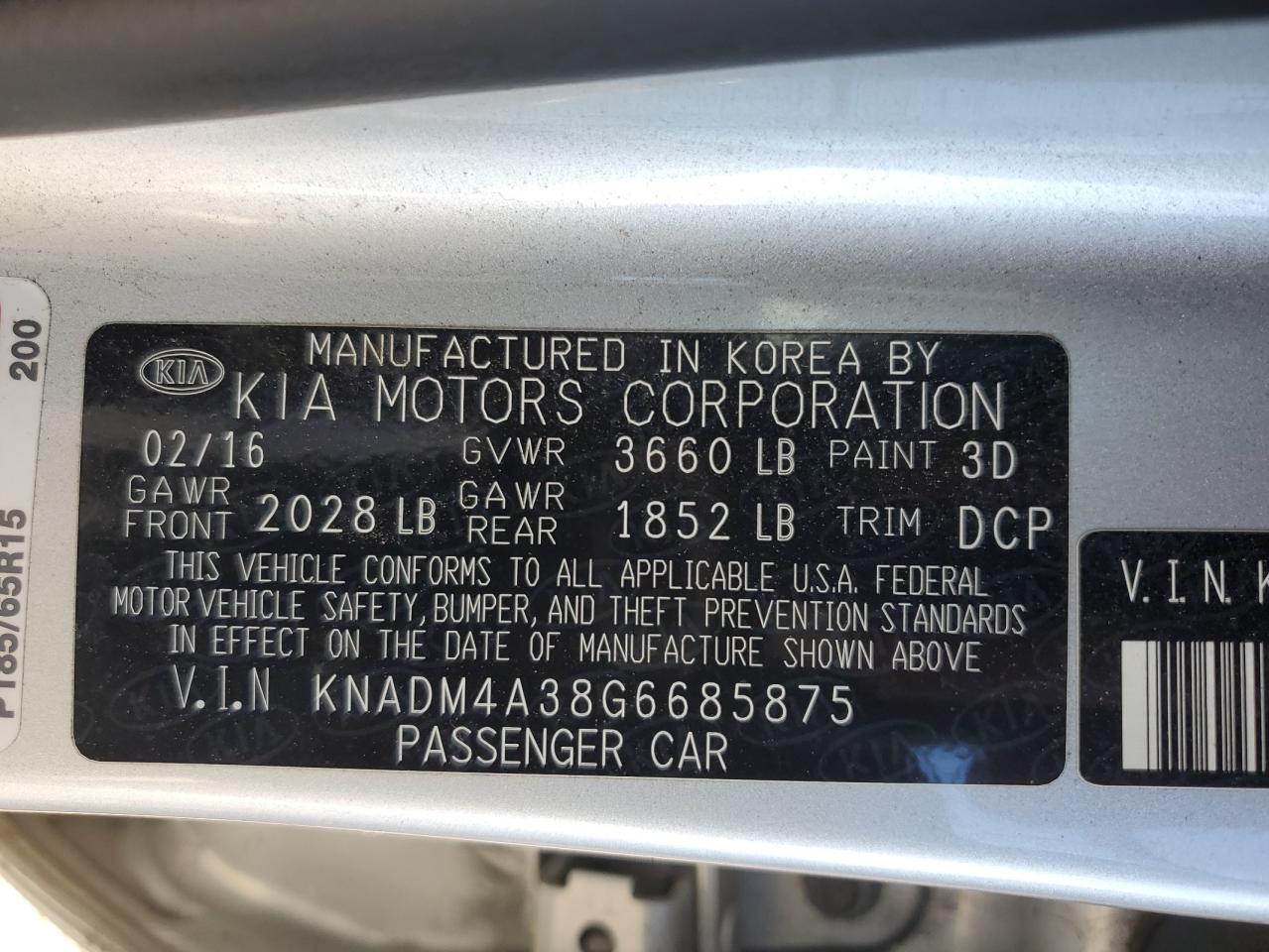 2016 Kia Rio Lx VIN: KNADM4A38G6685875 Lot: 91826925