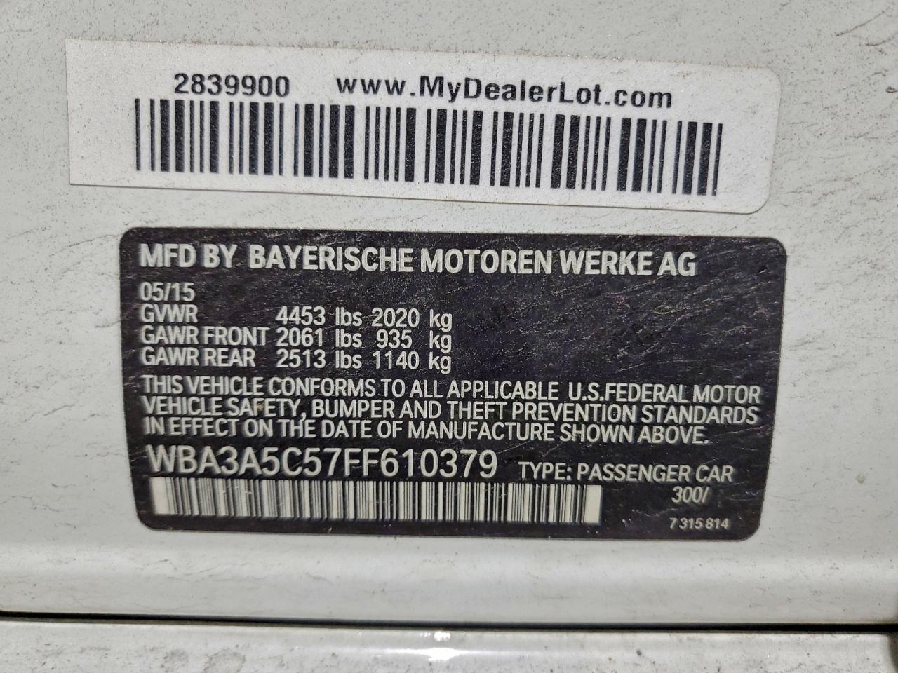 2015 BMW 328 I VIN: WBA3A5C57FF610379 Lot: 94106465