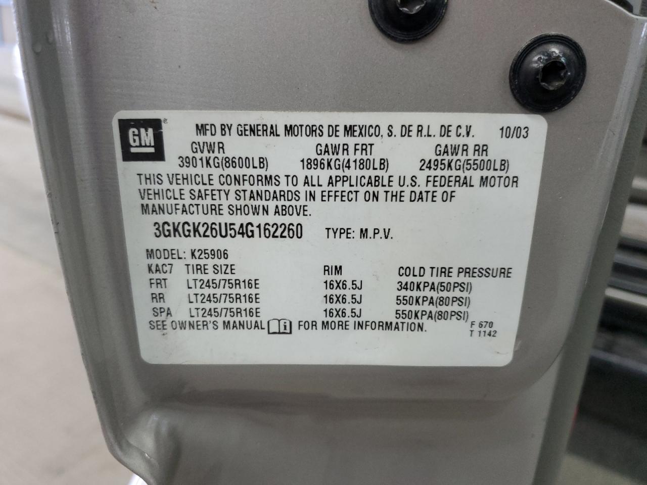 2004 GMC Yukon Xl K2500 VIN: 3GKGK26U54G162260 Lot: 85436765