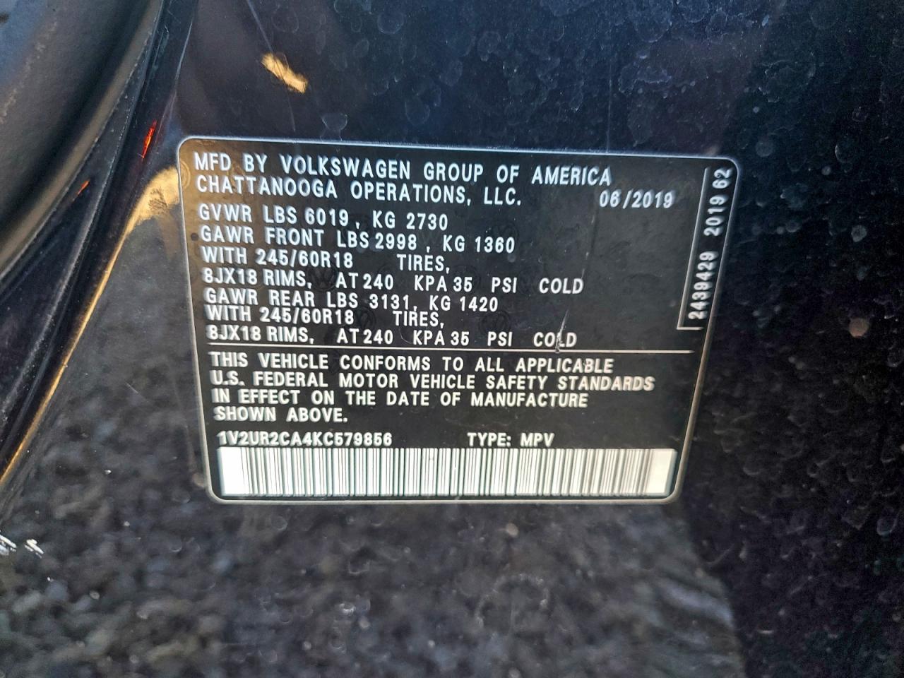 2019 Volkswagen Atlas Se VIN: 1V2UR2CA4KC579856 Lot: 94176775