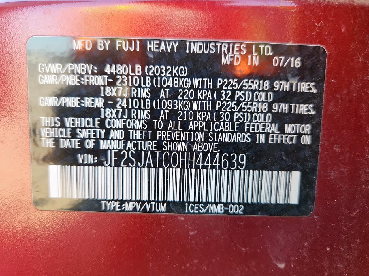 2017 Subaru Forester 2.5I Touring VIN: JF2SJATC0HH444639 Lot: 92119665