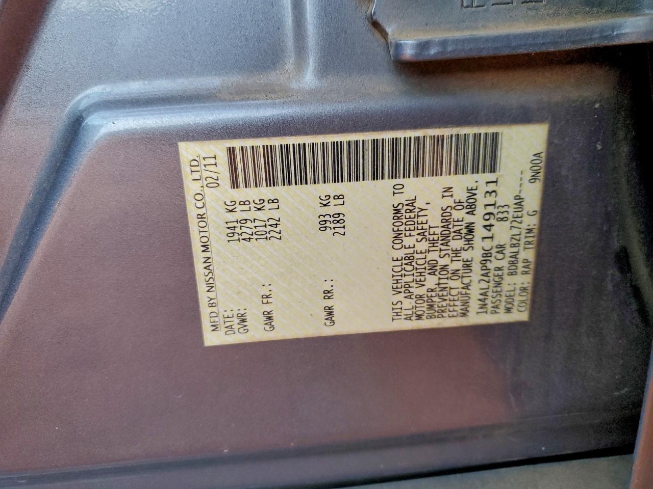 2011 Nissan Altima Base VIN: 1N4AL2AP9BC149131 Lot: 94308765