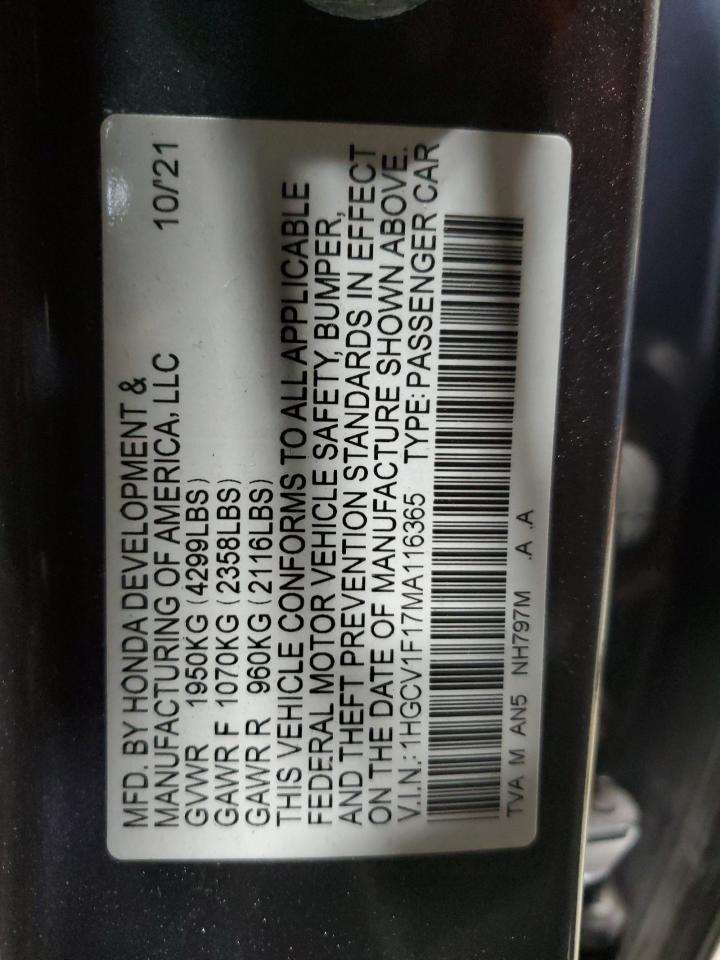 2021 Honda Accord Lx VIN: 1HGCV1F17MA116365 Lot: 92652975