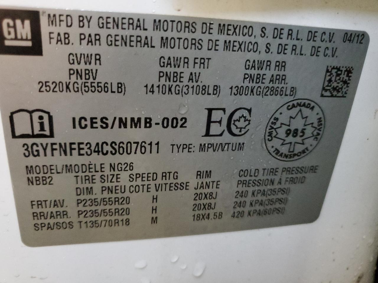 2012 Cadillac Srx Premium Collection VIN: 3GYFNFE34CS607611 Lot: 91841045