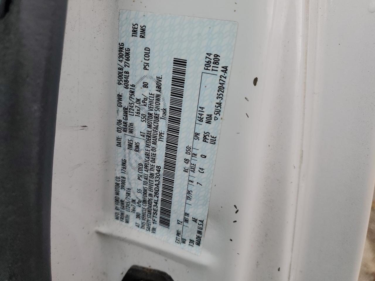 2006 Ford Econoline E350 Super Duty Van VIN: 1FTSE34L26DA33048 Lot: 90423095