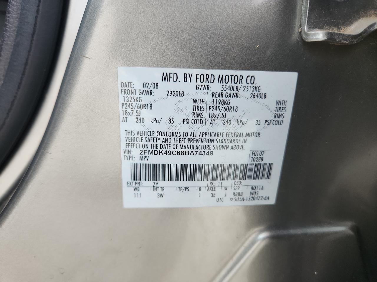 2008 Ford Edge Limited VIN: 2FMDK49C68BA74349 Lot: 93977845