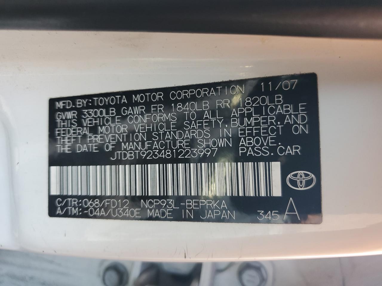 2008 Toyota Yaris VIN: JTDBT923481223997 Lot: 93155415